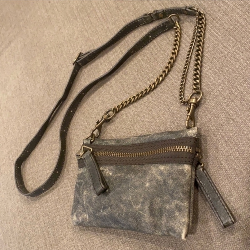 J. Crew Marlo Crossbody Distressed Leather 2 Sided Zipper Grey Mini Small EUC